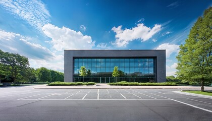 modern commercial building with large glass windows gray brick facade and an empty parking lot the structure is surrounded by greenery under a bright blue sky with scattered white clouds