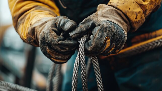 Rigger fastening a load with steel cables. Featuring strength and precision