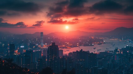 Obraz premium Hong Kong Sunset Cityscape: Vibrant Hues Paint the Urban Skyline