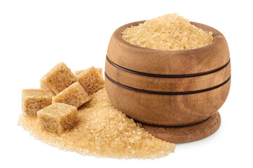 Pile of brown granulated sugar and sugar cubes in wooden bowl isolated on white background.