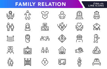 Family relation line icon set. Couple, mother, love, photo album, child, children, adoption outline icon collection. UI thin outline icon pack