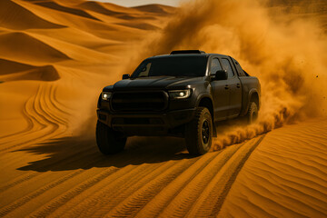 Obraz premium A high-performance off-road rally truck racing through golden desert dunes