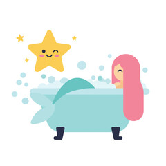 Naklejka premium Mermaid relaxing in bathtub with bubbles and star in flat vector art