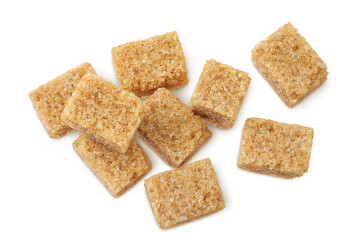 brown sugar cubes isolated on white background. Top view, flat lay