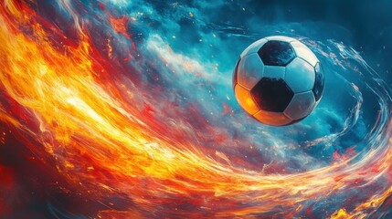 Fototapeta premium Dynamic soccer ball surrounded by vibrant fire and smoke.