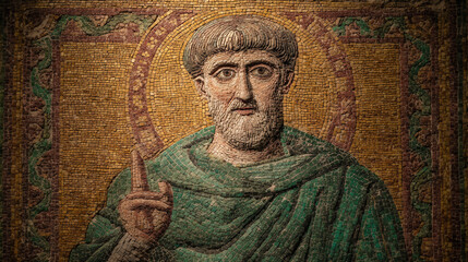 Mosaic portrait of a serene male figure in emerald and copper robes, holding two fingers upward in blessing, face slightly illuminated from the left