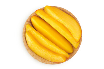 mango diced in wooden bowl isolated on white background. Top view. Flat lay