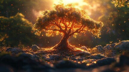 Golden Hour Tree: A Digital Painting of Serenity