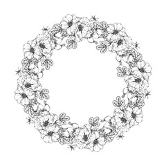 Hand drawn floral wreath made of rosehip branches with flowers, buds and berries. Perfect for herbal tea, natural skincare, wedding invitations, cosmetic packaging, cards and seasonal holiday designs.