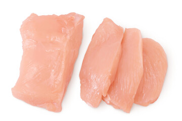 Raw chicken, fillet, isolated on white background. Top view. Flat lay