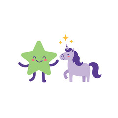 Obraz premium Happy star character and unicorn in playful flat design vector illustration