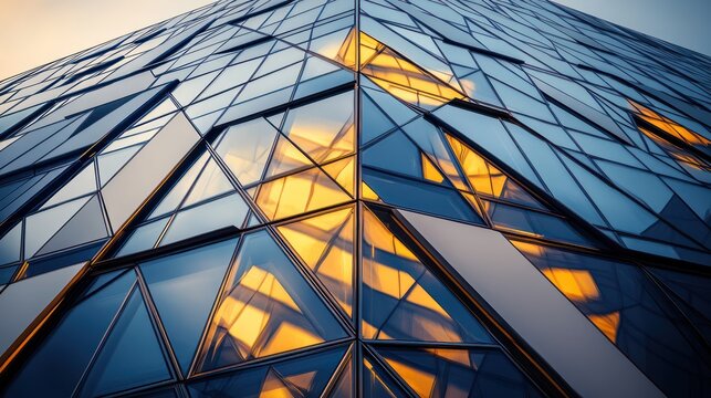 A corporate office with an intricate tessellated exterior featuring triangular glass panels metallic framework creating a dynamic interplay of light