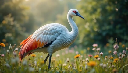 Obraz premium White Crane with Fiery Tail Feathers in Sunlit Meadow