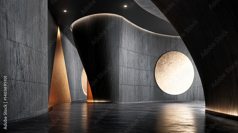 Poster dark gray textured walls curve around a golden circle, creating a modern and minimalist interior sce