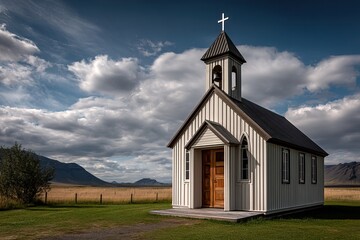 Small White Church in the Countryside. AI generated image