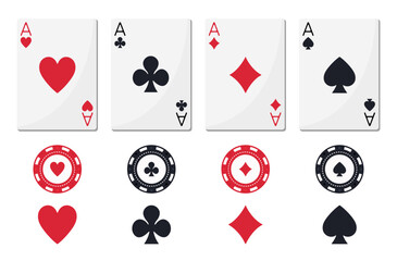 Poker set with aces, poker chips and playing card suits: spades, hearts, diamonds, clubs. Classic flat color vector set