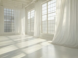 Fototapeta premium Bright, airy space with light streaming through large windows, casting shadows across the white floor and curtains. Serene and minimalist.