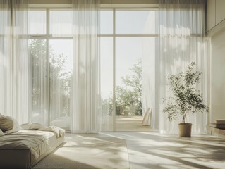 Bright and airy room with large windows and sheer curtains, creating a serene and peaceful atmosphere. Interior design with plant.