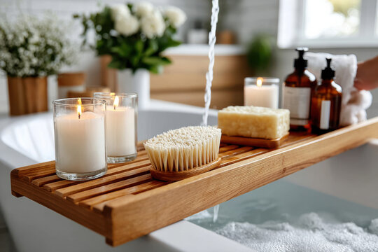 Relaxing spa experience with candles and bath essentials during a peaceful afternoon at home