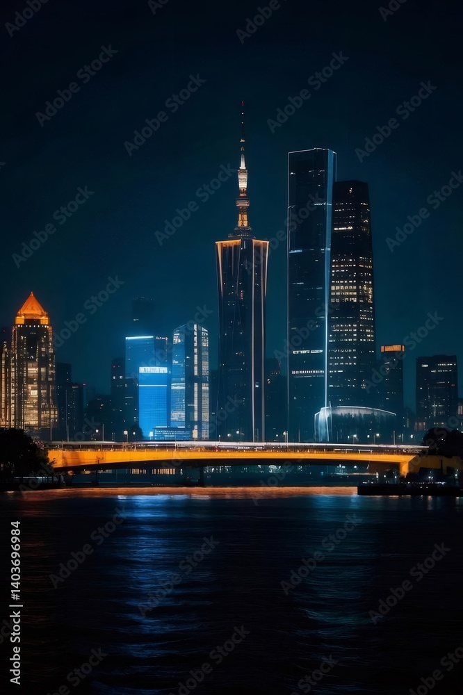 Poster 暗い夜空にそびえる都市の高層ビル群が光り輝き水面に反射する美しい風景 夜景の光と影が織りなす都会的な景観