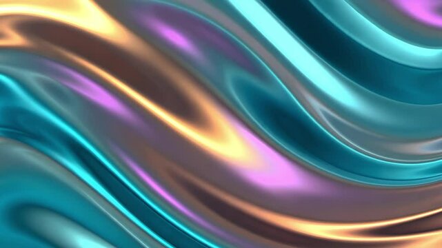 Colorful flowing holographic waves with smooth metallic texture in pastel shades of teal, purple, gold, and pink. Abstract iridescent background for design, motion graphics, or branding.