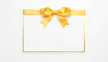 an empty greeting card with a yellow satin bow and gold edging on a white background