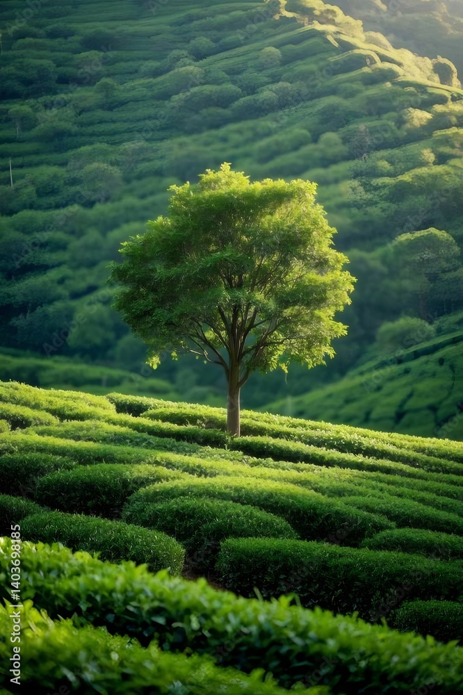 Poster 輝く太陽光を浴びた茶畑の中央にそびえ立つ緑の木 美しい自然風景 広々とした丘と鮮やかな緑色の葉 広角レンズ撮影