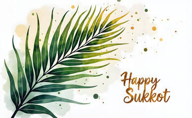 Happy Sukkot greeting with palm leaf illustration and soft watercolor background