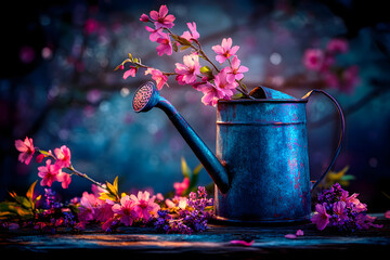 Vintage Watering Can with Cherry Blossoms at Dusk
