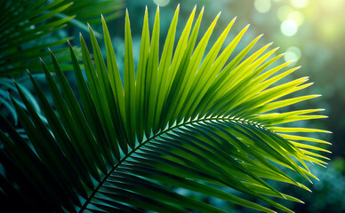 Fototapeta premium Lush palm leaf background with soft lighting and bokeh effect for serene atmosphere