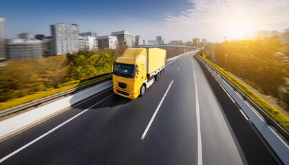 Obraz premium aerial view of yellow truck driving on a city road transportation and shipping concept