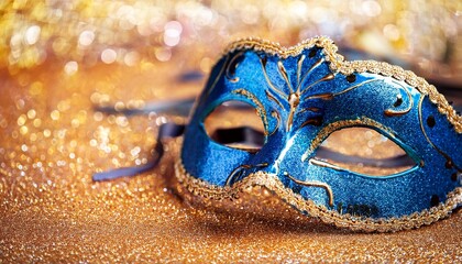 blue venetian mask with gold decorations on a glittery background