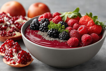 Berry smoothie bowl topped with fresh fruits and seeds enjoyed in a cozy kitchen setting