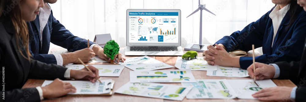 Poster computer software for website traffic analytics data on computer screen. concept of seo search engin