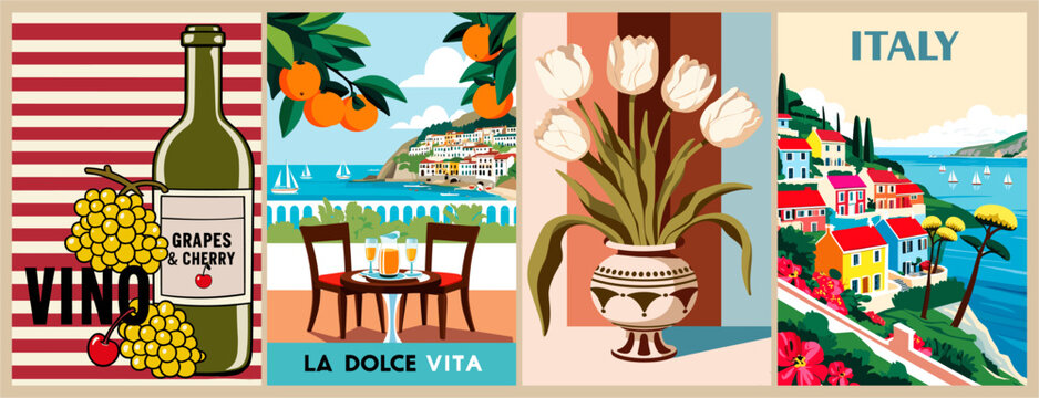 Set of summer posters in retro style with flowers, wine, Italy landscape. La Dolce Vita wall art. Vecto rart illustrations