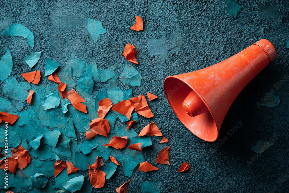 Poster orange megaphone on teal textured background with scattered orange and teal paper pieces, symbolizin