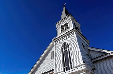 White Church Steeple Against Clear Blue Sky. AI generated image
