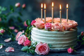 A Decorated Cake with Flowers and Lit Candles Celebrating a Special Day