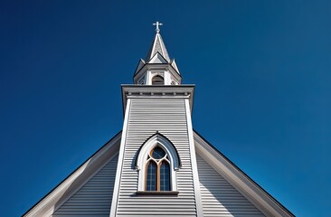 Fototapeta premium White Church Steeple Against Clear Blue Sky. AI generated image