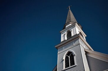 White Church Steeple Against Clear Blue Sky. AI generated image
