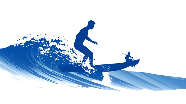 silhouette of a surfer, waves and surfboat on white background. Concept for logo, icon, print
