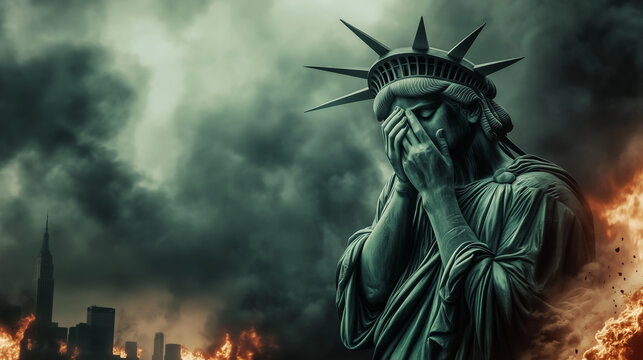 Statue of Liberty grieving, hands shielding face as fiery NYC skyline smolders beneath ominous thunderclouds