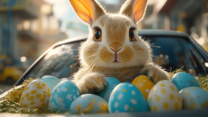 Cute spring holiday decoration featuring a pink easter bunny rabbit with colorful eggs in a basket