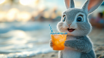 Cute bunny with carrot in the snowy spring, a happy Easter illustration