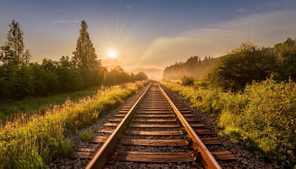 a scenic view of an old abandoned railway at sunrise on a sunny summer day
