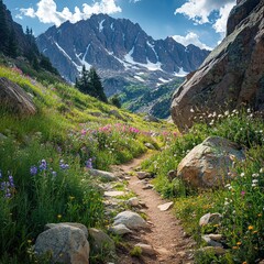A quiet mountain pass with a winding dirt trail cutting through rocky terrain. Wildflowers and grasses grow between the stones, with towering peaks in the distance covered in snow.