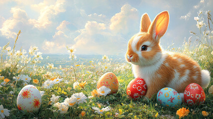 Cute spring holiday cartoon of a bunny rabbit with colorful Easter eggs