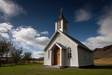 Small White Church in the Countryside. AI generated image