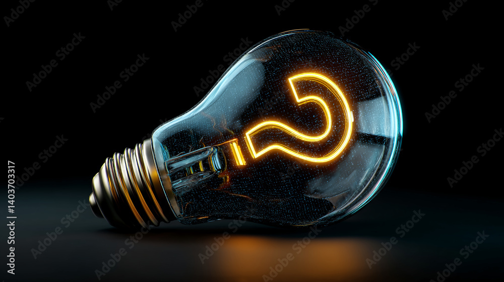 Poster glass lightbulb on dark background, showcasing glowing question mark inside, symbolizing curiosity, 