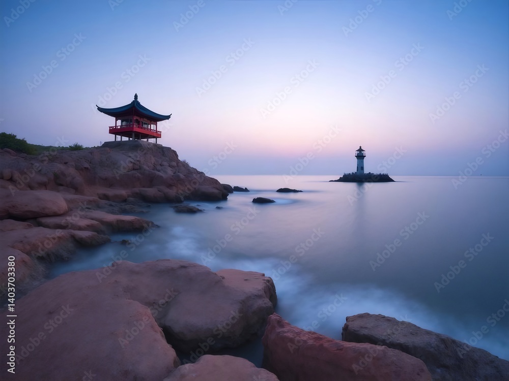 Aufkleber 夕暮れ時の東アジアの海岸風景 赤い屋根の建物と灯台のシルエット 青い海と空の穏やかな景色